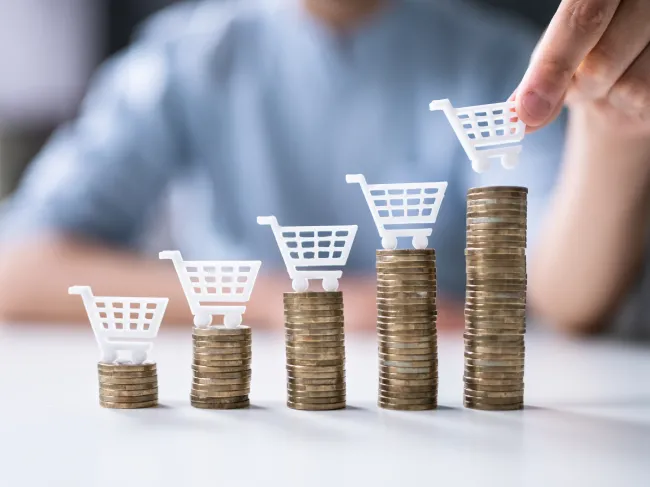 inflation grocery carts on rising coin stacks